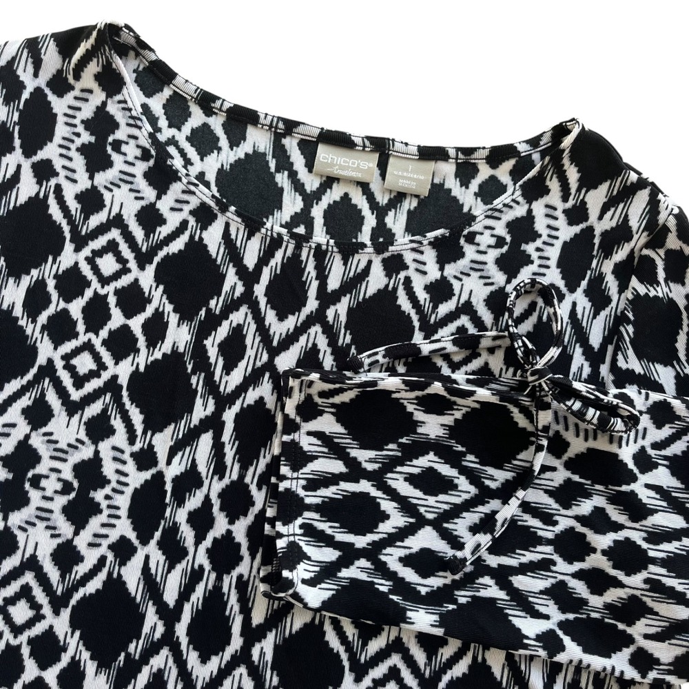 Chico's Travelers 1, US 8/10 Black Wt Diamond Print 3/4 Sl Tie Cuff Tunic Blouse